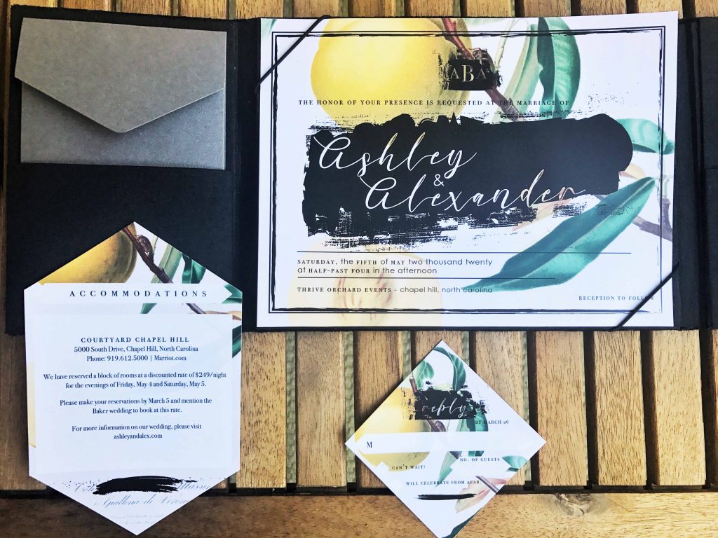 pocket invitation with vintage botany detail and geometric insert cards