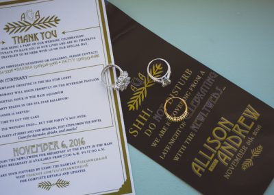 vintage roaring 20s wedding, gold and black affair, hotel door hangers, thank you hotel bag cards,