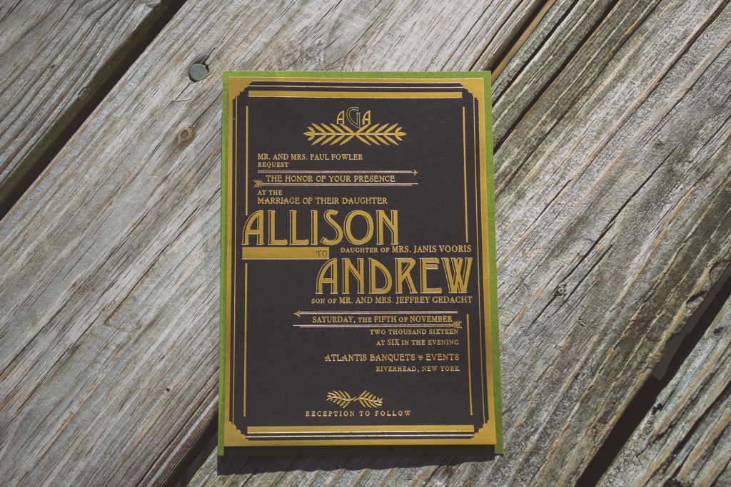 vintage wedding invitations with gold foil, gold and black