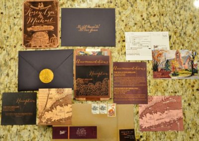 wedding invitation suite, hand calligraphy, custom map design, watercolor postcard RSVP card, lasercut pocket, wraparound address labels, vintage stamps and gold foil seals