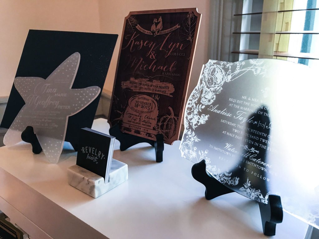wooden, acrylic and laser cut invitations from revelry + heart