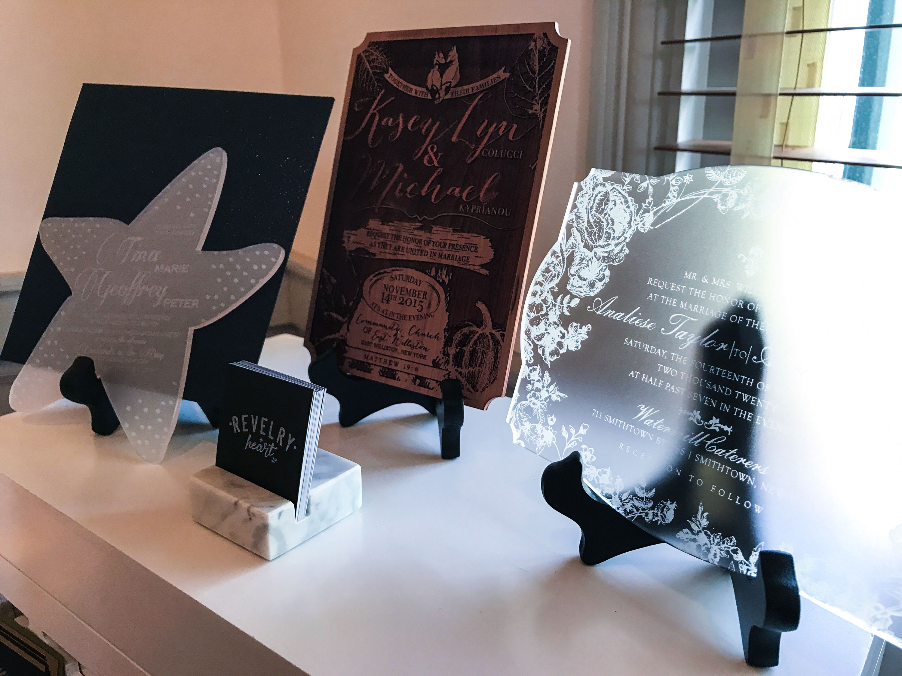 wooden, acrylic and laser cut invitations from revelry + heart