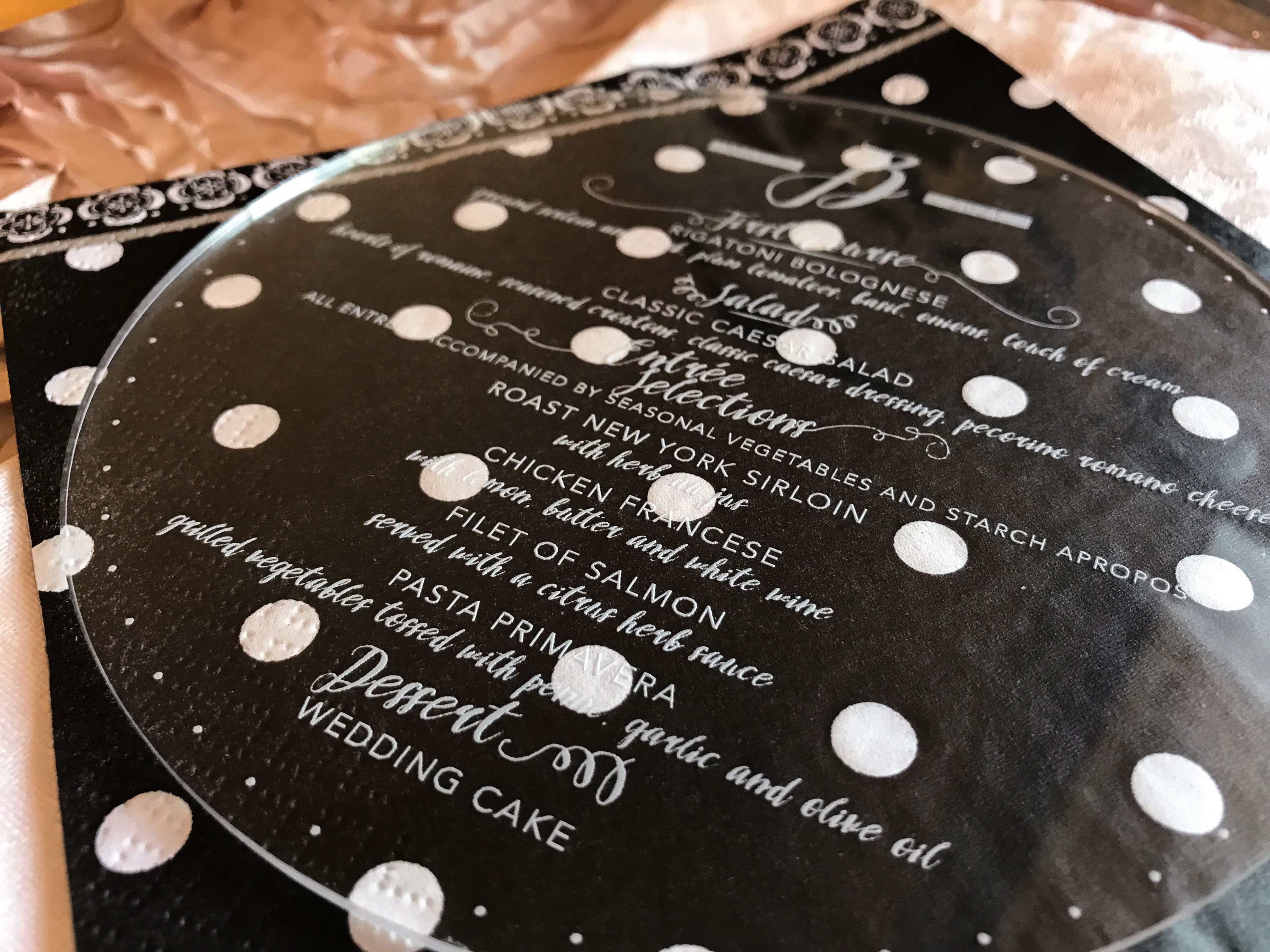 acrylic circle menu laser engraved wedding stationery