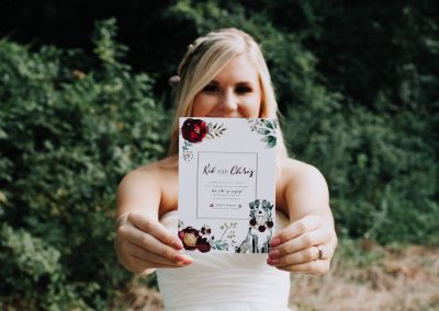 Melissa Toma Photo and Lady with a Camera Photography rescue dog wedding inspiration -Bride with watercolor dog invitation