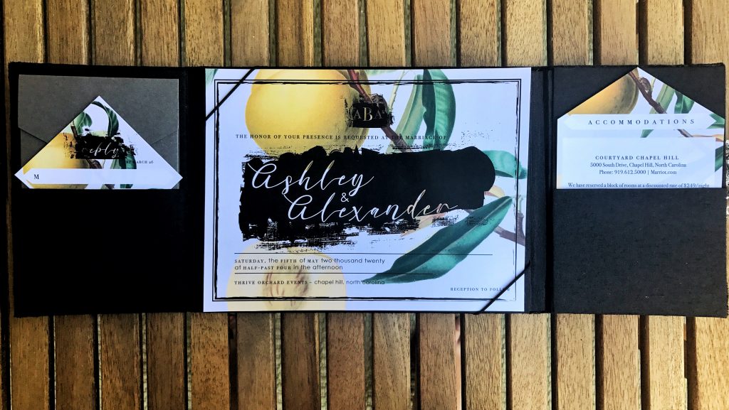 vintage botany wedding invitation in black velvet folio