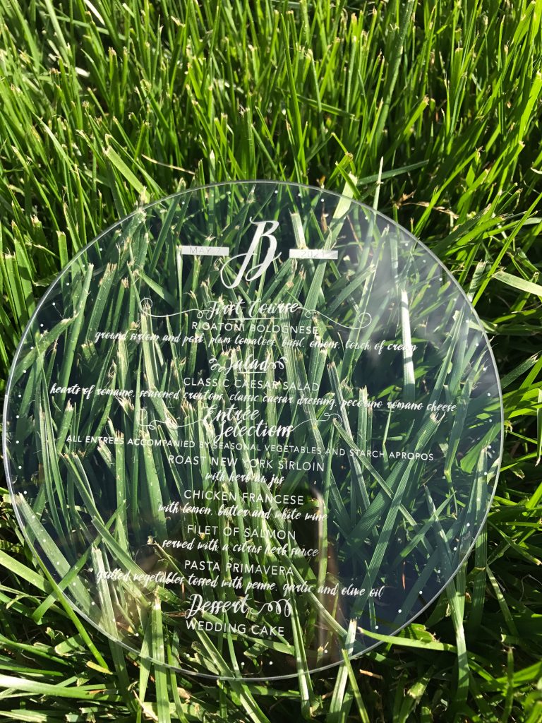 circle wedding menus in plexi or acrylic material, laser engraved