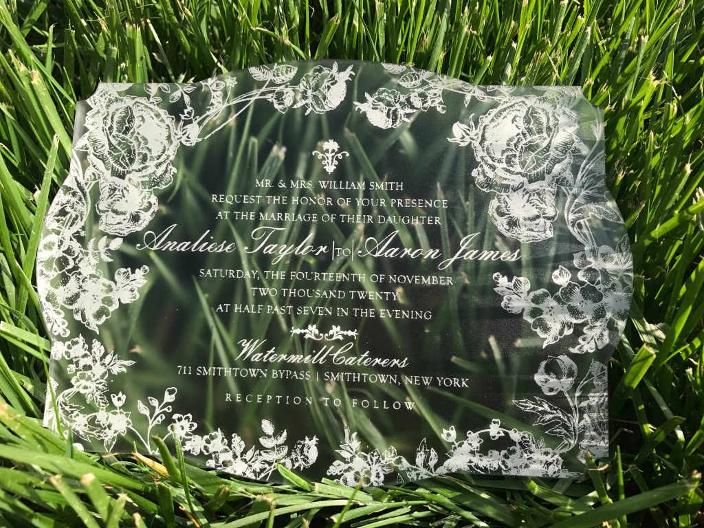 victorian shaped wedding invitation in semi-frosted acrylic with vintage roses