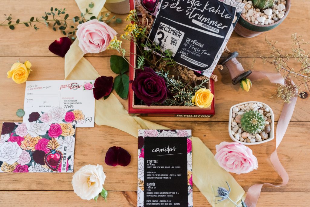 Fabric wedding suite, cigar box, rsvp postcard and menu by revelry + heart