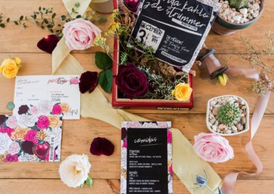 Fabric wedding suite, cigar box, rsvp postcard and menu by revelry + heart