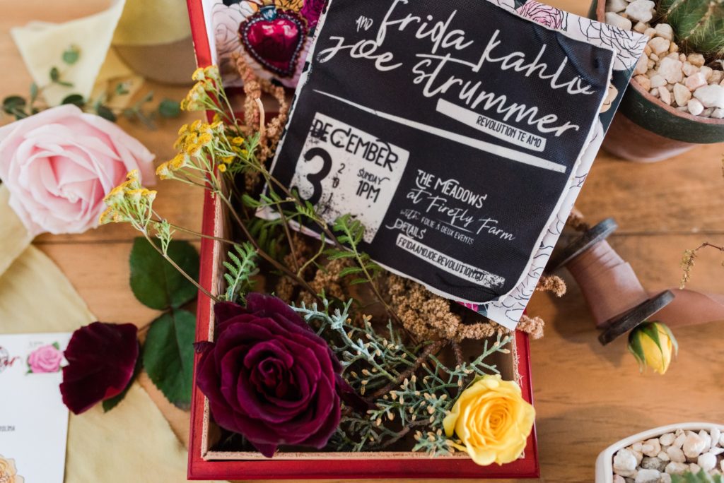 Fabric wedding invitations, punk meets milagros by revelry + heart