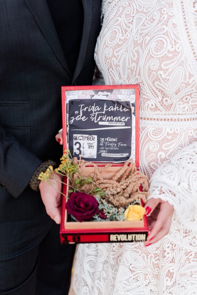 Fabric wedding invites, punk poster and multicolored roses by revelry + heart