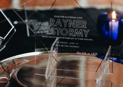 3-piece modern acrylic wedding invitation forms a 3D sculture for guests with geometric design