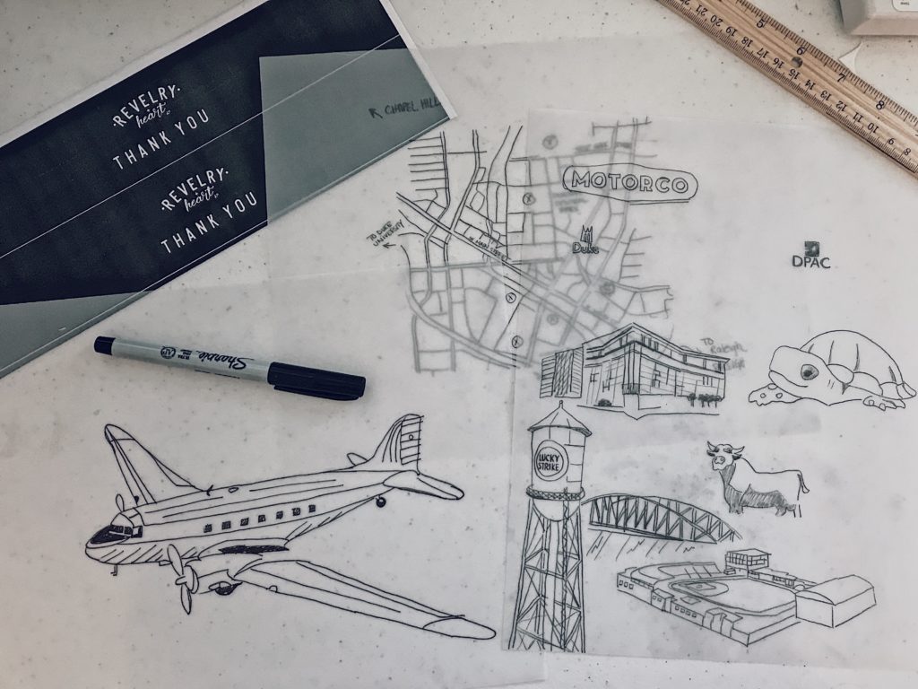 Hand sketched map of durham and vintage aviation for wedding invitation suites