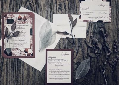 Burgundy weddin ginvitation wuite with organic leaf details by revelry + heart