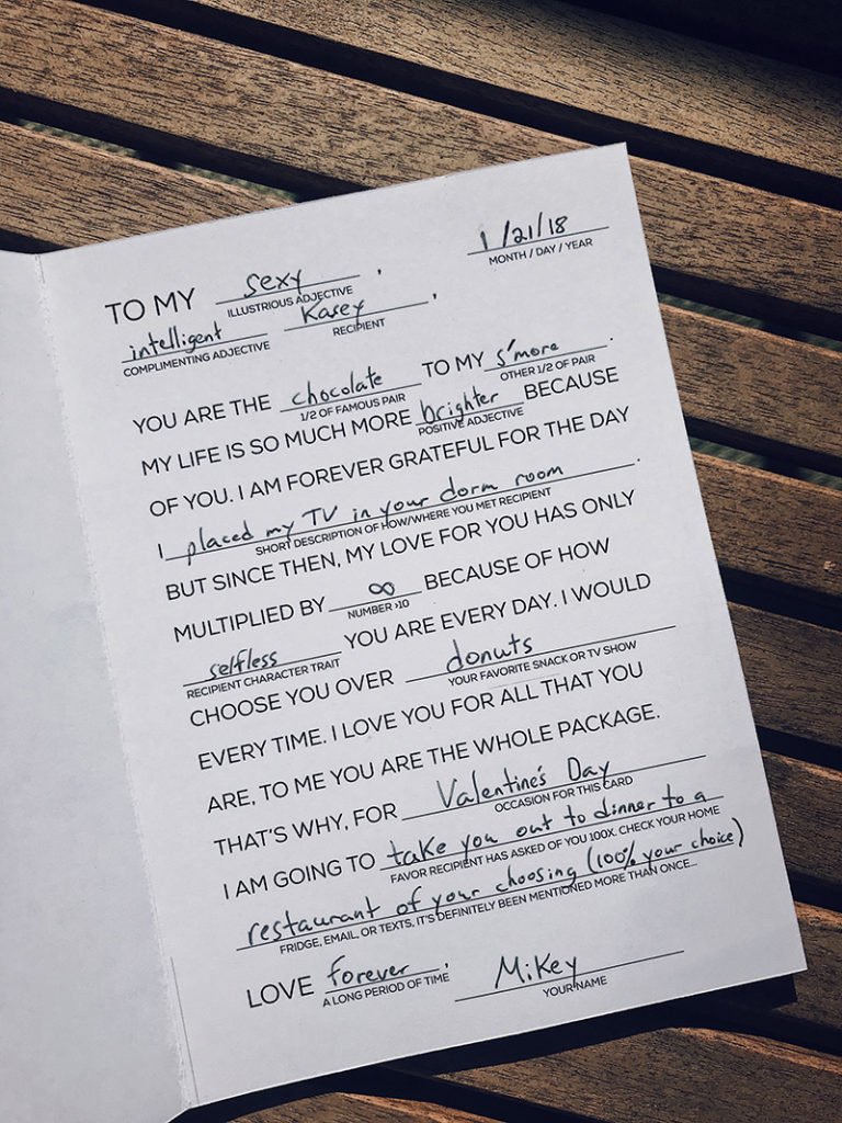 Inside of the card features a message from a gift giver with mad libs scenarios completes