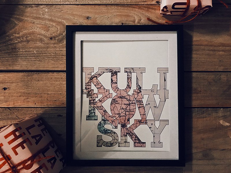 Custom art print created with surname of recipient and location of choice, name frames the map location so you can see the destination in the outline of the letters
