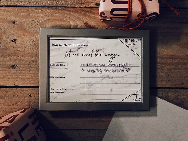 Art print with message spaces fo fill in the blank notes to your loved one. Features messages like "thank you today for:" "I love you today because"