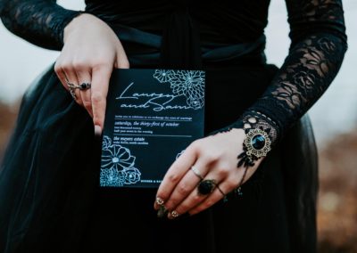 black on black wedding invitation with foil printing