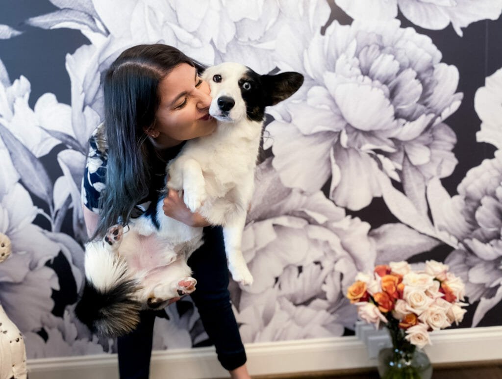 kasey holds dog in revelry and heart studio with floral wallpaper