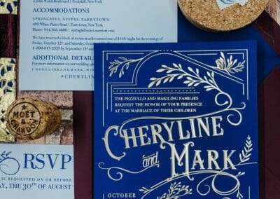 navy blue wedding invitation with gold foil imprinting - features vintage inspired design with ornate embellishments and typography